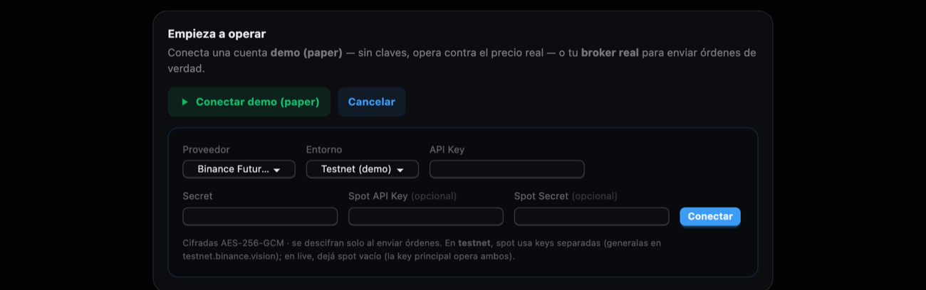 Formulario de conexión: proveedor, entorno, API key y secret, cifrados AES-256-GCM
